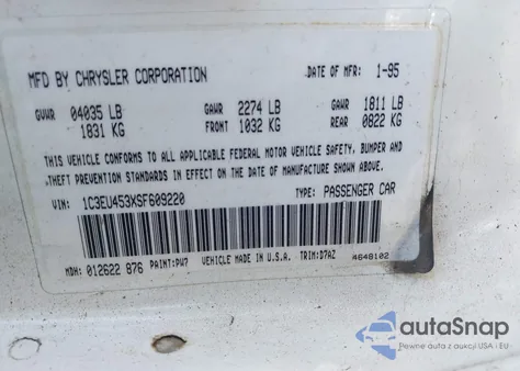 1995 Chrysler Lebaron Gtc from USA, damaged, VIN 1C3EU453XSF609220